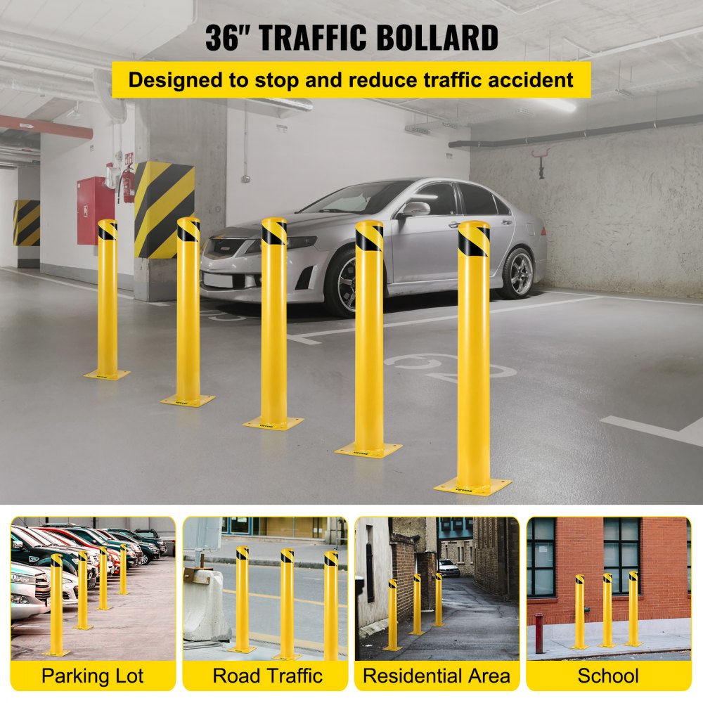 Safety Bollard, 36x5.5 Safety Barrier Bollard, 5-1/2" OD 36" Height Yellow Powder Coat Pipe Steel Safety Barrier with 4 Free Anchor Bolts for Traffic-Sensitive Area