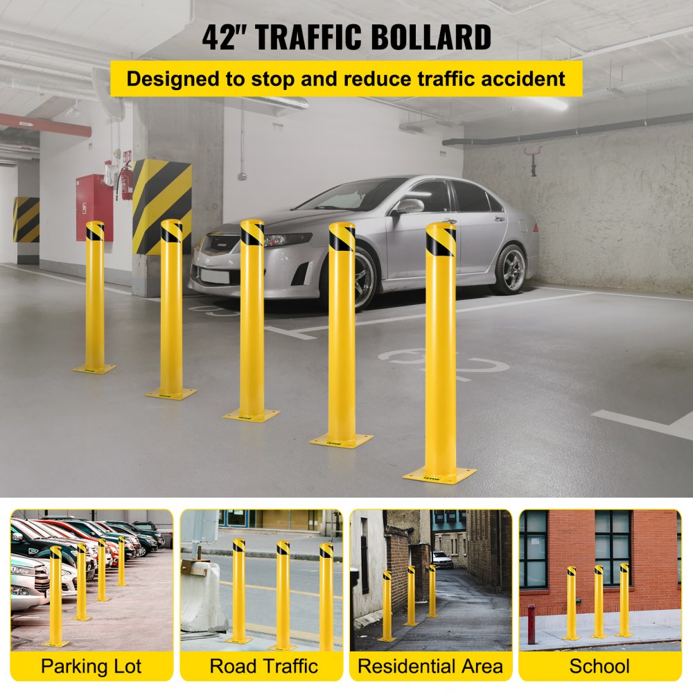 Safety Bollard 42"x4.5" Safety Barrier Bollard 4-1/2" OD 42" Height Yellow Powder Coat Pipe Steel Safety Barrier with 4 Free Anchor Bolts for Traffic-Sensitive Area