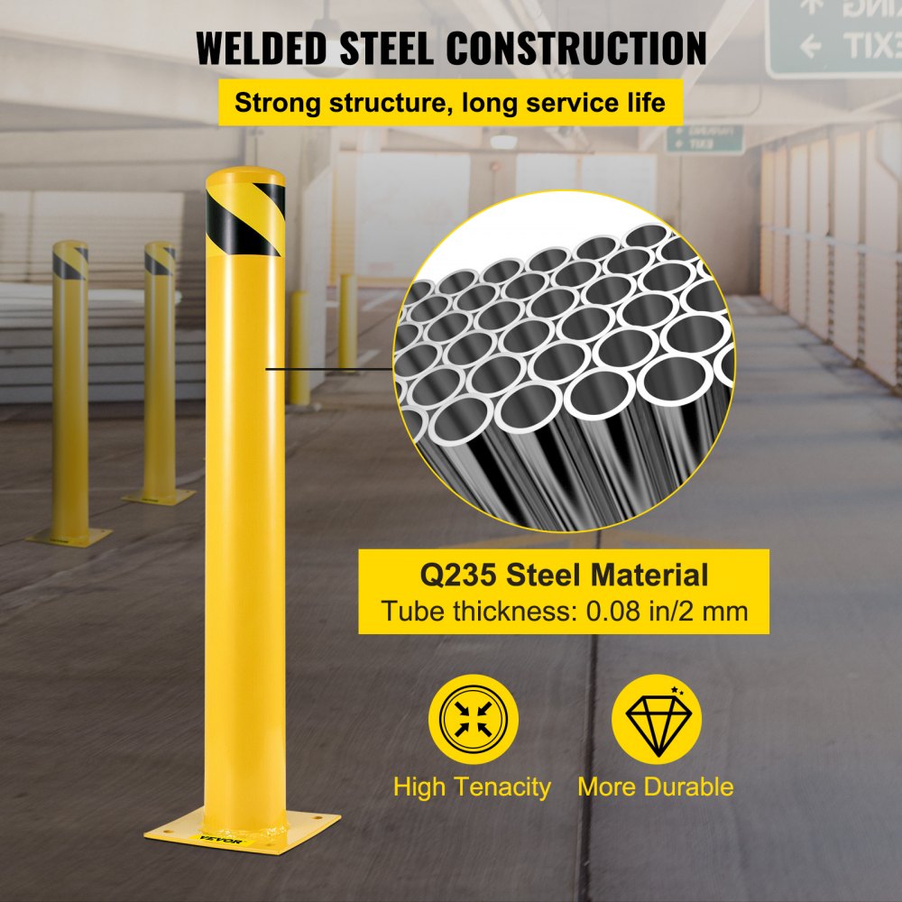 Safety Bollard 42"x4.5" Safety Barrier Bollard 4-1/2" OD 42" Height Yellow Powder Coat Pipe Steel Safety Barrier with 4 Free Anchor Bolts for Traffic-Sensitive Area