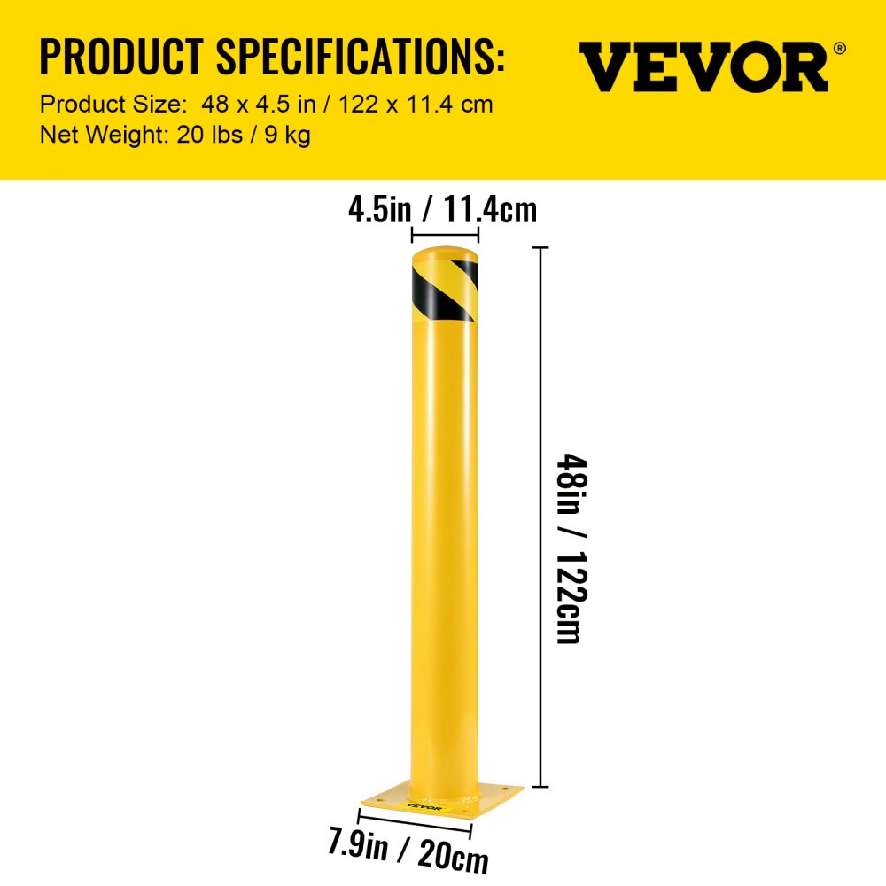 Safety Bollard 48"x4.5" Safety Barrier Bollard 4-1/2" OD 48" Height Yellow Powder Coat Pipe Steel Safety Barrier with 4 Free Anchor Bolts for Traffic-Sensitive Area