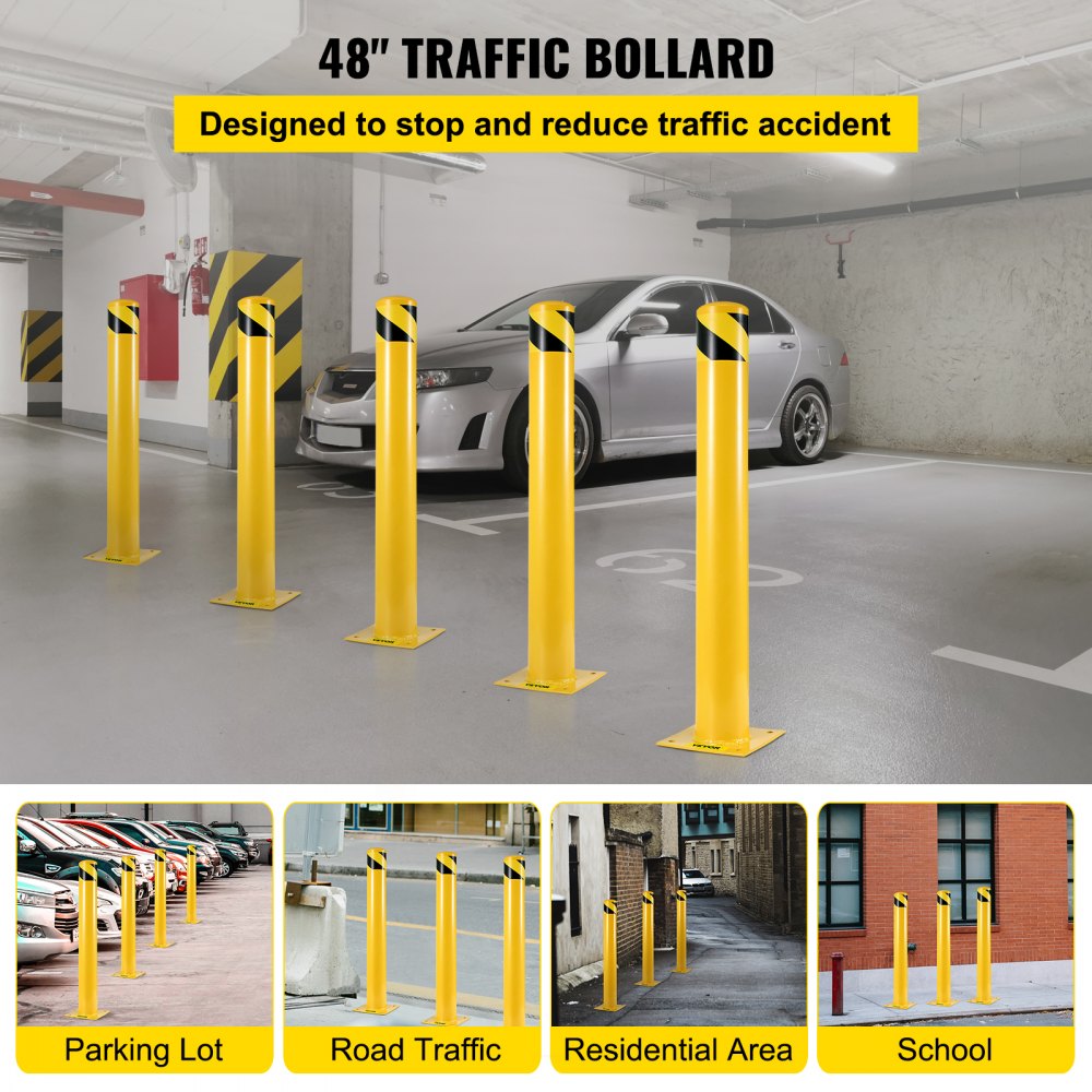 Safety Bollard 48"x5.5", Safety Barrier Bollard 5-1/2" OD 48" Height, Yellow Powder Coat Pipe Steel Safety Barrier, with 4 Free Anchor Bolts, for Traffic-Sensitive Area