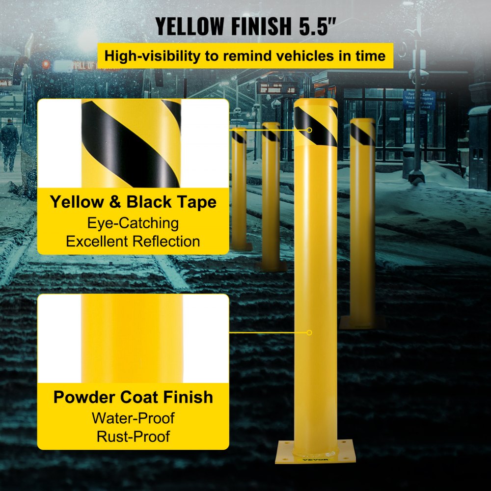 Safety Bollard 48"x5.5", Safety Barrier Bollard 5-1/2" OD 48" Height, Yellow Powder Coat Pipe Steel Safety Barrier, with 4 Free Anchor Bolts, for Traffic-Sensitive Area