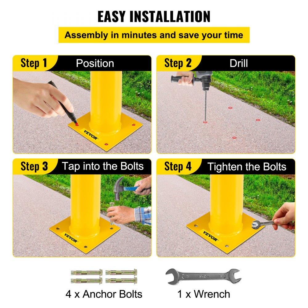 Safety Bollard 48"x5.5", Safety Barrier Bollard 5-1/2" OD 48" Height, Yellow Powder Coat Pipe Steel Safety Barrier, with 4 Free Anchor Bolts, for Traffic-Sensitive Area