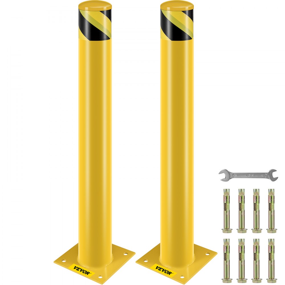 Safety Bollard, 36 Inch Height Bollard Post, 4.5 Inch Diameter Steel Pipe Safety Bollard Post, Yellow Steel Bollard, Steel Safety Bollard with 8 Anchor Bolts, Perfect for Traffic-Sensitive Area