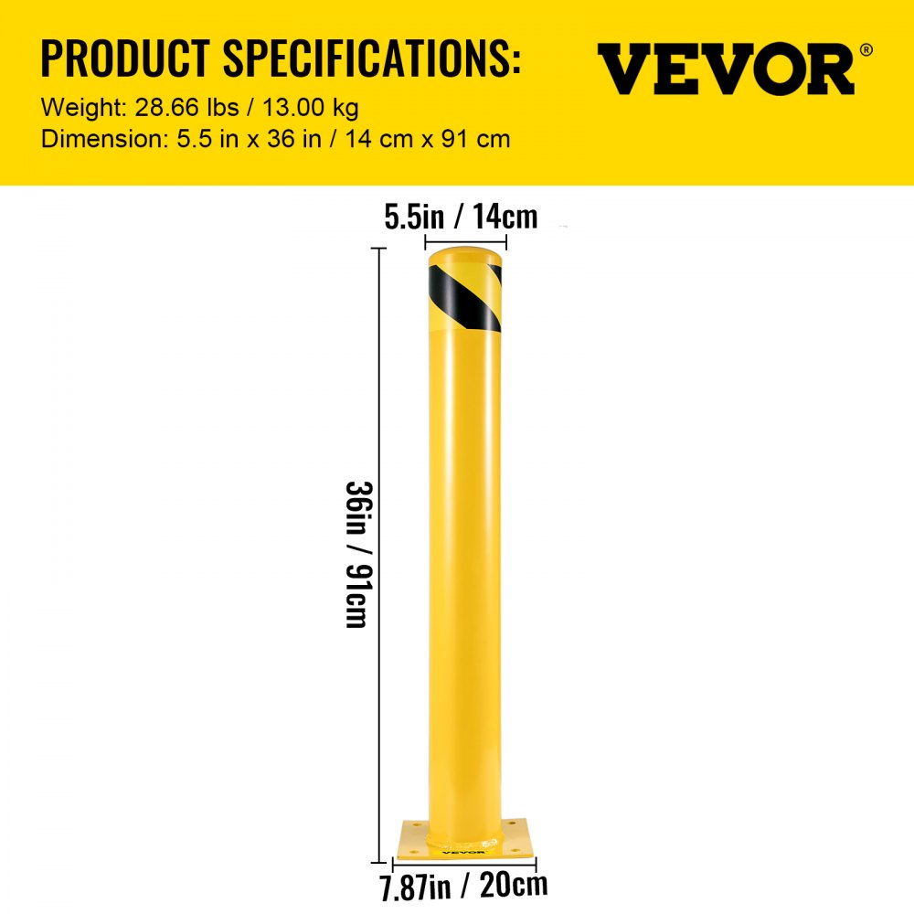 Safety Bollard, 36 Inch Height Bollard Post, 5.5 Inch Diameter Steel Pipe Safety Bollard Post, Yellow Steel Bollard, Steel Safety Bollard with 8 Anchor Bolts, Perfect for Traffic-Sensitive Area