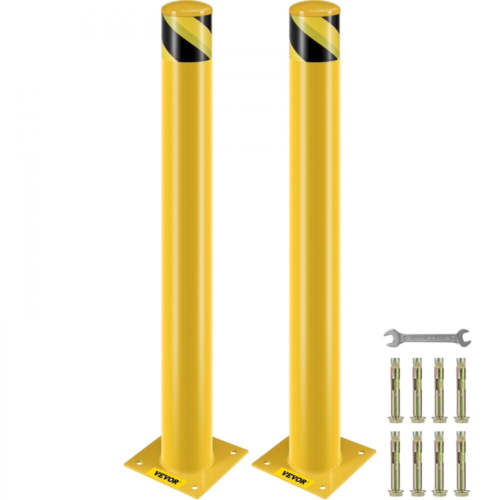 Safety Bollard, 42 Inch Height Bollard Post, 4.5 Inch Diameter Steel Pipe Safety Bollard Post, Yellow Steel Bollard, Steel Safety Bollard with 8 Anchor Bolts, Perfect for Traffic-Sensitive Area