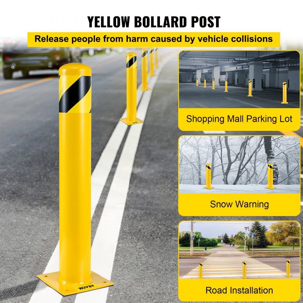 Safety Bollard, 48 Inch Height Bollard Post, 5.5 Inch Diameter Steel Pipe Safety Bollard Post, Yellow Steel Bollard, Steel Safety Bollard with 8 Anchor Bolts, Perfect for Traffic-Sensitive Area