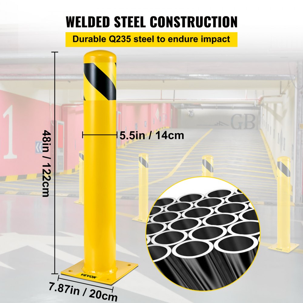 Safety Bollard, 48 Inch Height Bollard Post, 5.5 Inch Diameter Steel Pipe Safety Bollard Post, Yellow Steel Bollard, Steel Safety Bollard with 8 Anchor Bolts, Perfect for Traffic-Sensitive Area