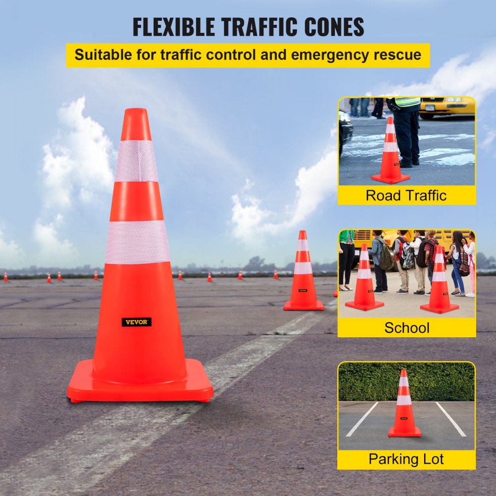 Safety Cones, 28 in/73 cm Height, 12 PCS PVC Orange Traffic Cone with 2 Reflective Collars and Weighted Base, Used for Traffic Control, Driveway Road Parking and School Improvement