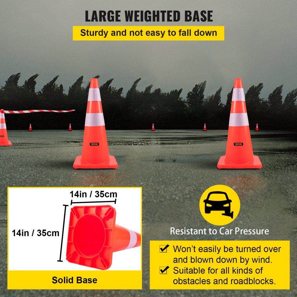 Safety Cones, 28 in/73 cm Height, 12 PCS PVC Orange Traffic Cone with 2 Reflective Collars and Weighted Base, Used for Traffic Control, Driveway Road Parking and School Improvement