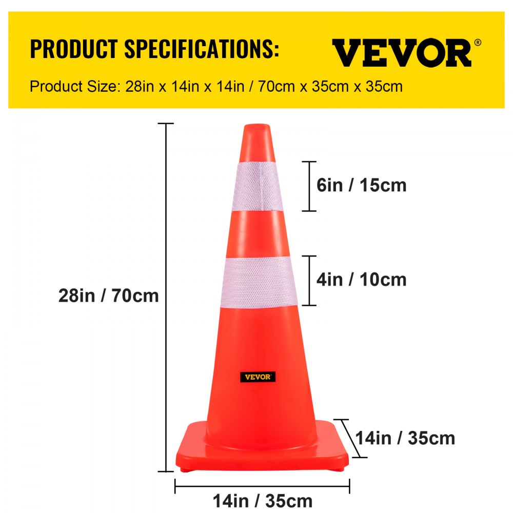 Safety Cones, 28 in/73 cm Height, 12 PCS PVC Orange Traffic Cone with 2 Reflective Collars and Weighted Base, Used for Traffic Control, Driveway Road Parking and School Improvement