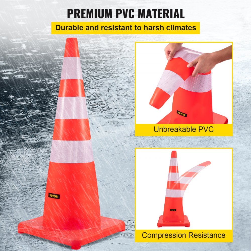 Six 36-inch orange PVC traffic safety cones with reflective collars and weighted bases.