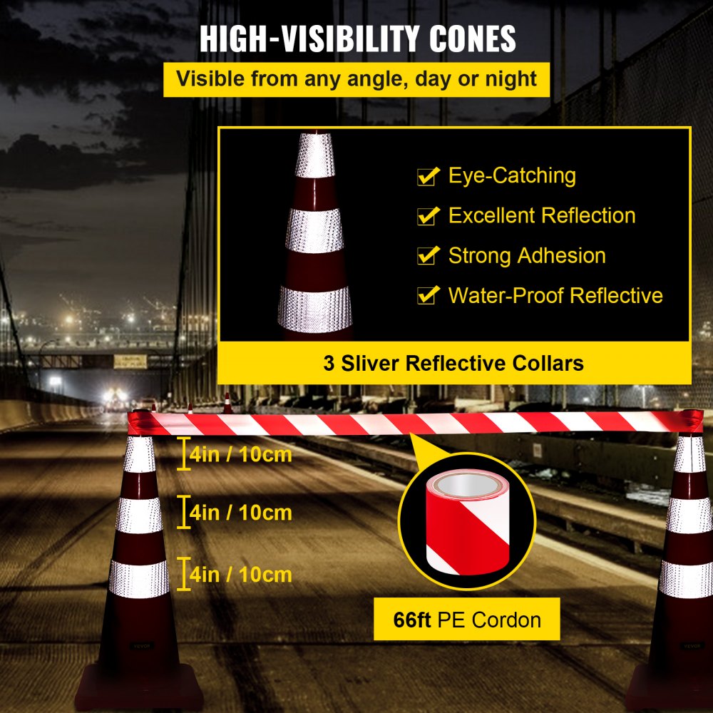 Six 36-inch orange PVC traffic safety cones with reflective collars and weighted bases.