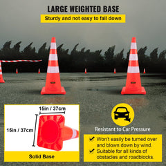 Six 36-inch orange PVC traffic safety cones with reflective collars and weighted bases.
