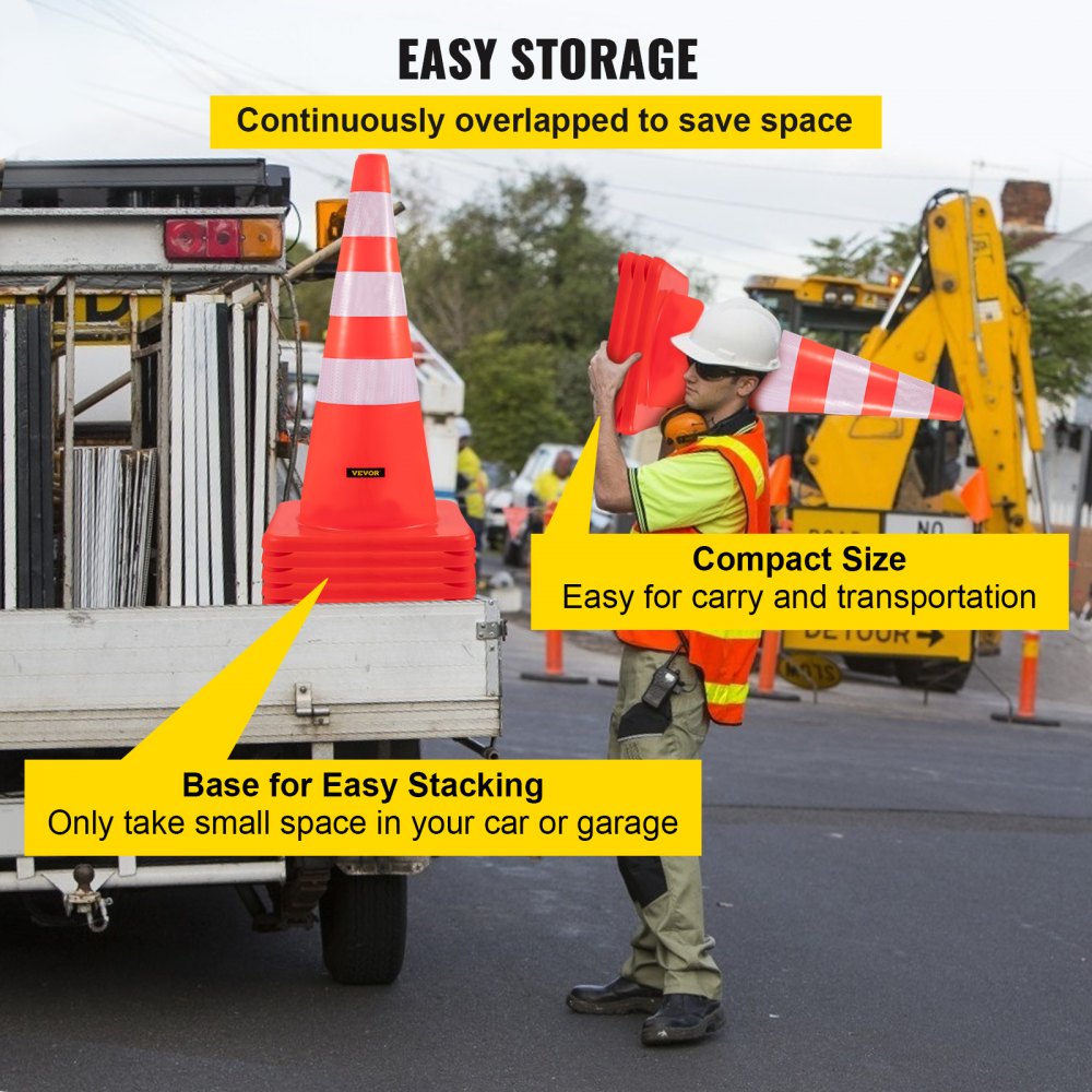 Six 36-inch orange PVC traffic safety cones with reflective collars and weighted bases.