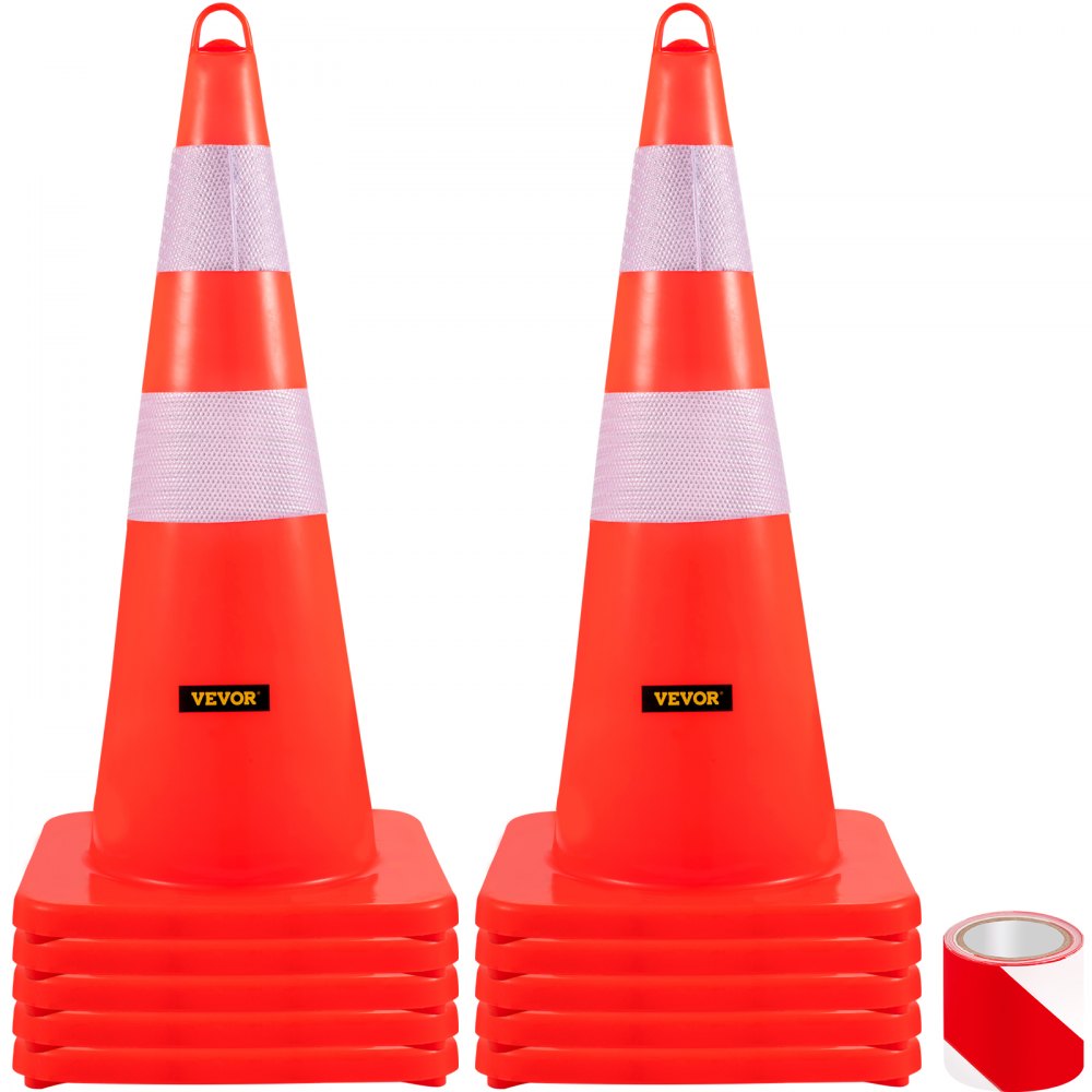 Two 28-inch orange PVC traffic cones with reflective collars and square bases, from a 10-pack.