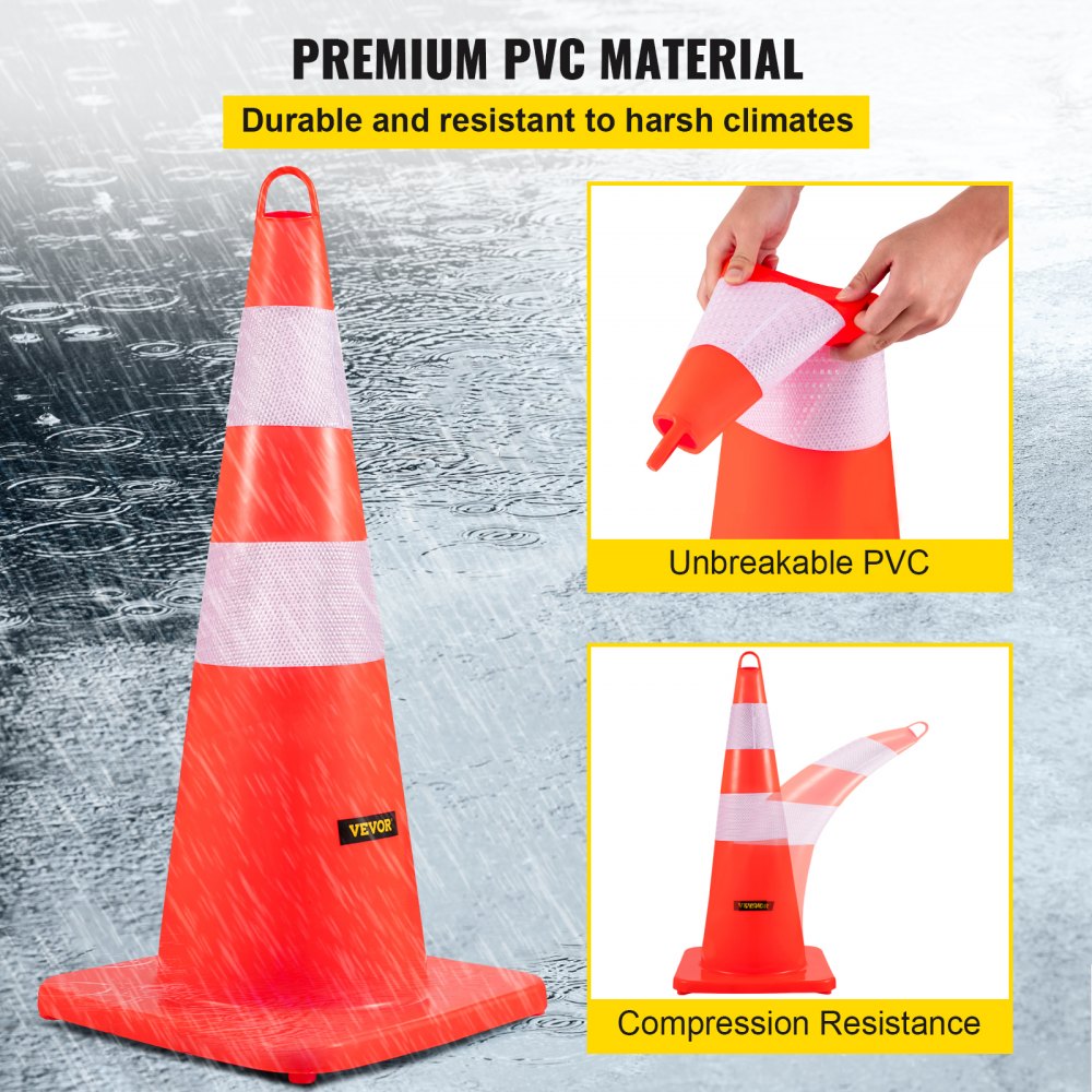 12-pack of 28-inch orange PVC traffic cones with reflective collars and durable base.