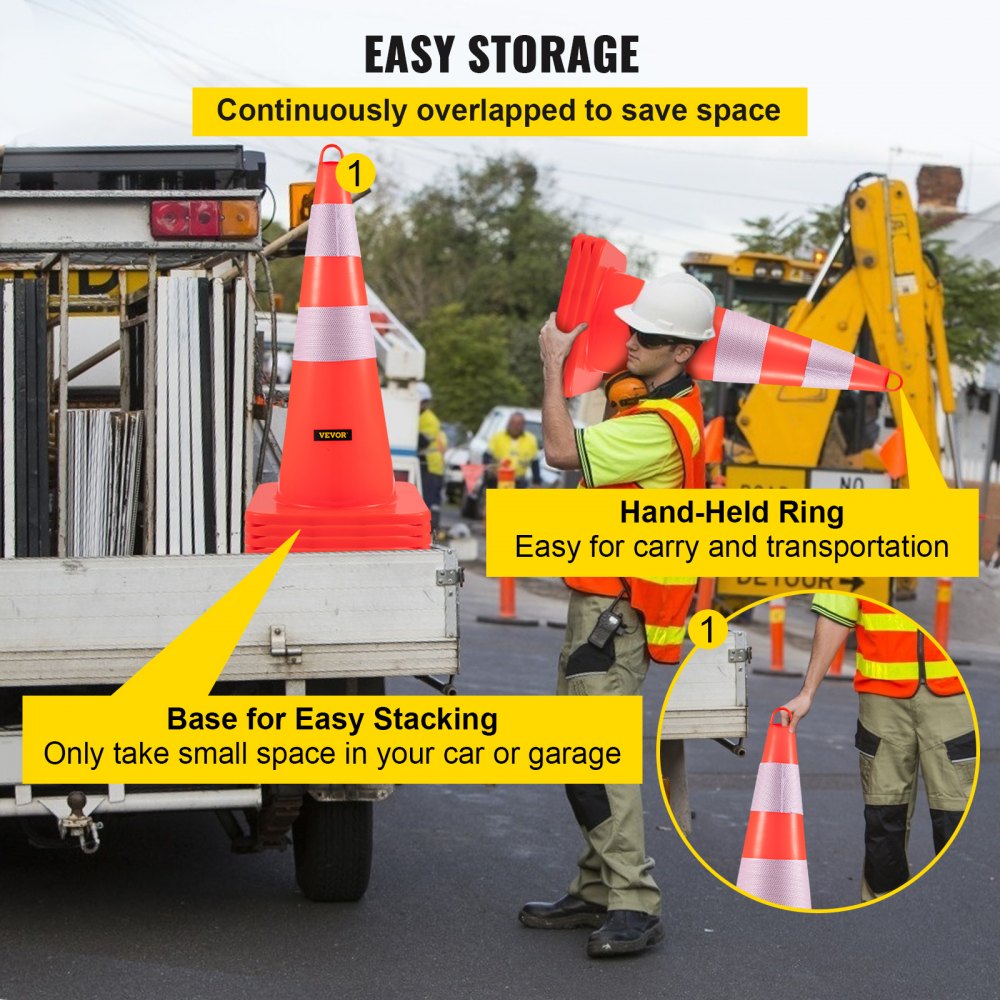 12-pack of 28-inch orange PVC traffic cones with reflective collars, featuring stackable bases and hand-held rings for storage.