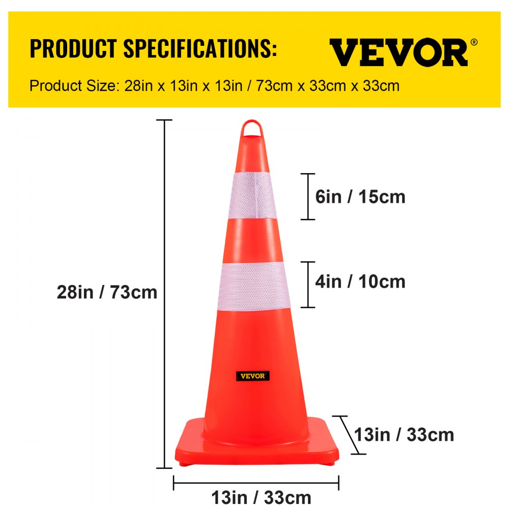 Diagram of a 28-inch tall orange PVC traffic cone with reflective collars, showing dimensions of 28 inches high and 13 inches square base.