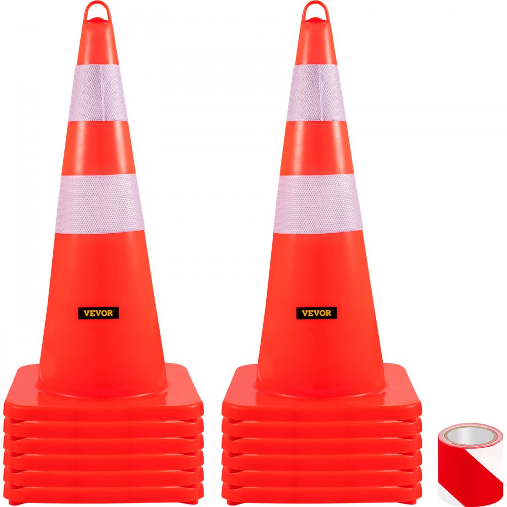 Two 28-inch orange PVC traffic cones with reflective collars and a roll of tape on white background.