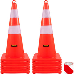 Two 28-inch orange PVC traffic cones with reflective collars and a roll of tape on white background.