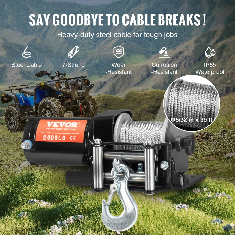 Electric Winch ATV UTV 2000 lb Steel Cable IP 55 Waterproof Wired Control
