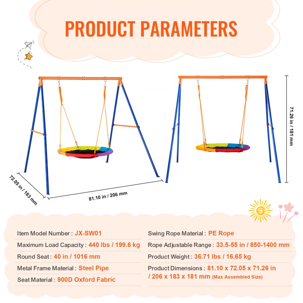 Swing Sets for Backyard 40in Saucer Swing Seat A-Frame Metal Stand 440lbs