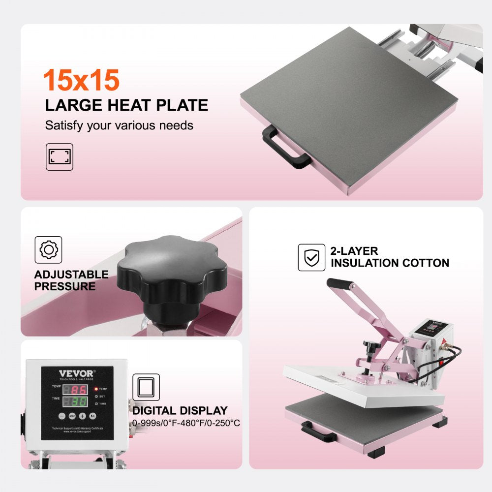 Bostome 15x15" pink heat press machine with a pull-out drawer and digital controls.