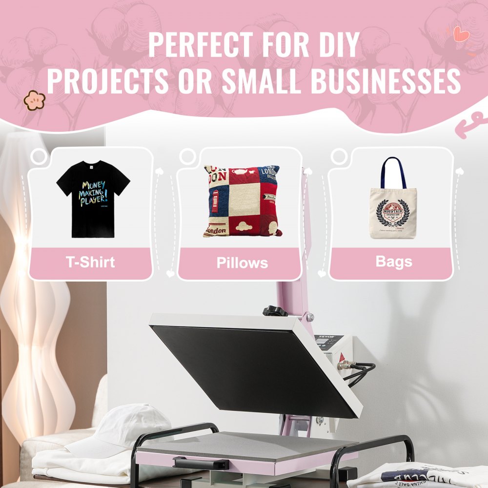 Pink 15x15" heat press machine with a slide-out drawer for safe and easy t-shirt transfers.