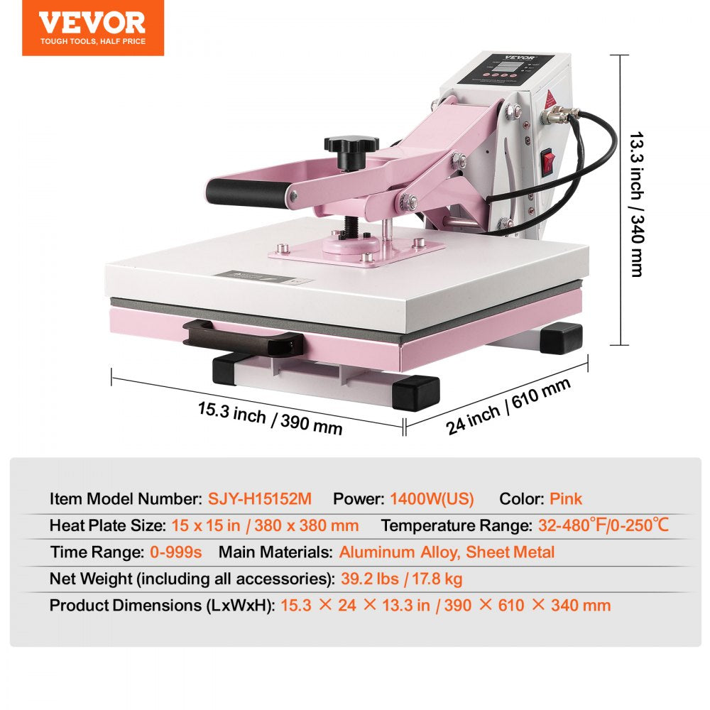 Bostome 15x15" pink heat press machine with pull-out drawer and digital controls for t-shirts.