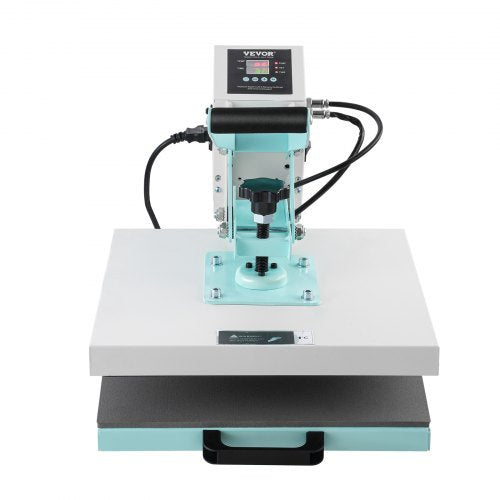 Green Bostome 15x15 slide-out heat press machine with digital controls and open drawer.