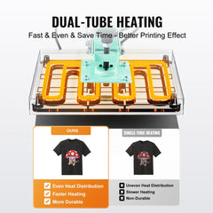 Green 15x15 heat press machine with slide-out drawer and dual-tube heating for even heat distribution.
