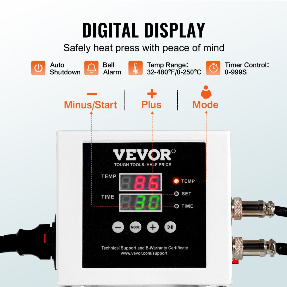 Green 15x15 slide-out heat press machine with digital display for temperature and timer controls.