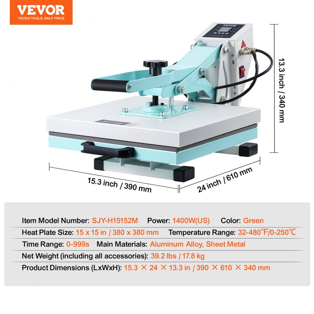 Green 15x15 slide-out heat press machine with digital controls and dimensions shown.