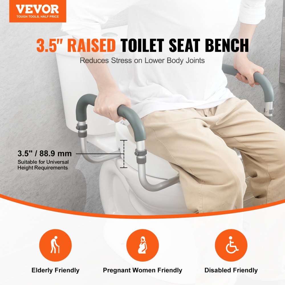 Raised Toilet Seat, 3.5" Height Raised, 300 lbs Weight Capacity, for Standard Round Toilet, Aluminum Handrail, with EVA Armrest Padding, for Elderly, Handicap, Patient, Pregnant, Medical