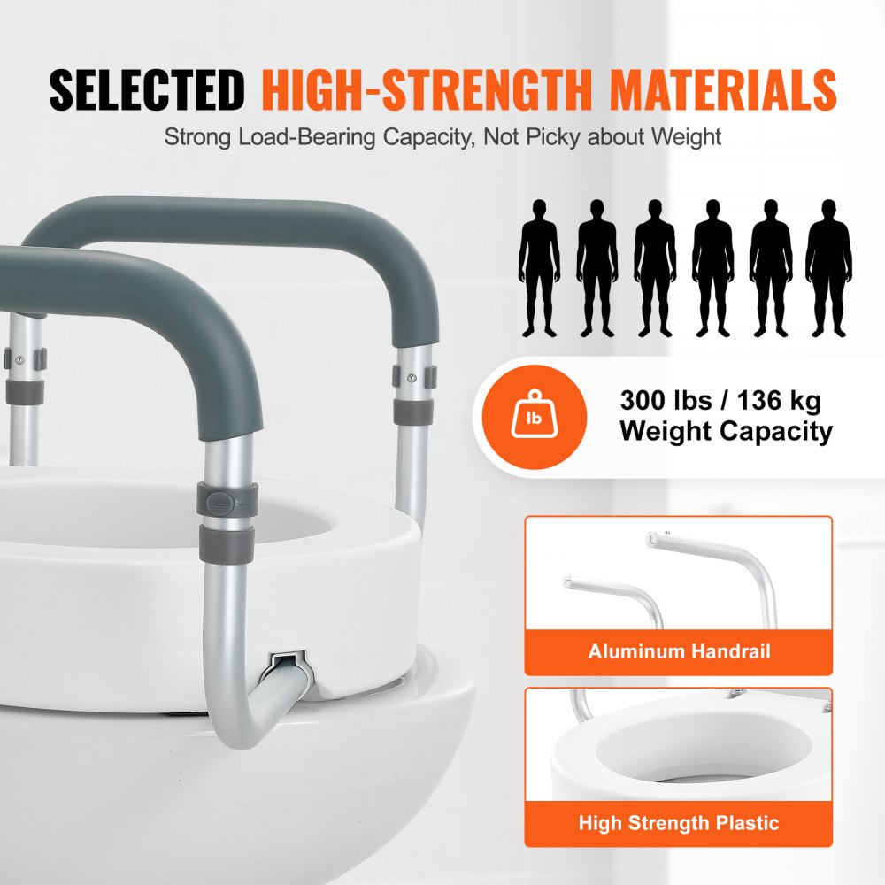 Raised Toilet Seat, 3.5" Height Raised, 300 lbs Weight Capacity, for Standard Round Toilet, Aluminum Handrail, with EVA Armrest Padding, for Elderly, Handicap, Patient, Pregnant, Medical