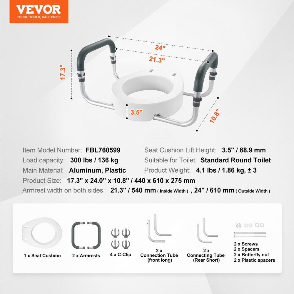 Raised Toilet Seat, 3.5" Height Raised, 300 lbs Weight Capacity, for Standard Round Toilet, Aluminum Handrail, with EVA Armrest Padding, for Elderly, Handicap, Patient, Pregnant, Medical