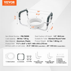 Raised Toilet Seat, 3.5" Height Raised, 300 lbs Weight Capacity, for Standard Round Toilet, Aluminum Handrail, with EVA Armrest Padding, for Elderly, Handicap, Patient, Pregnant, Medical
