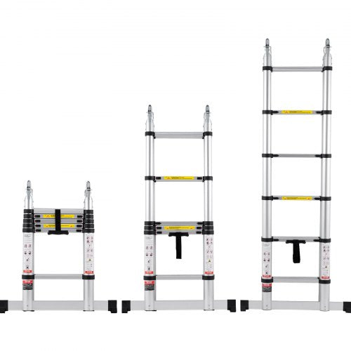 Bostome aluminum telescoping A-frame ladder shown collapsed, partially extended, and fully extended.