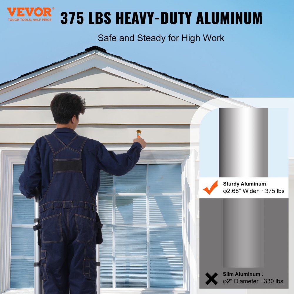 A 12.5-foot aluminum telescoping A-frame ladder with stabilizer bar, extended against a house for painting.