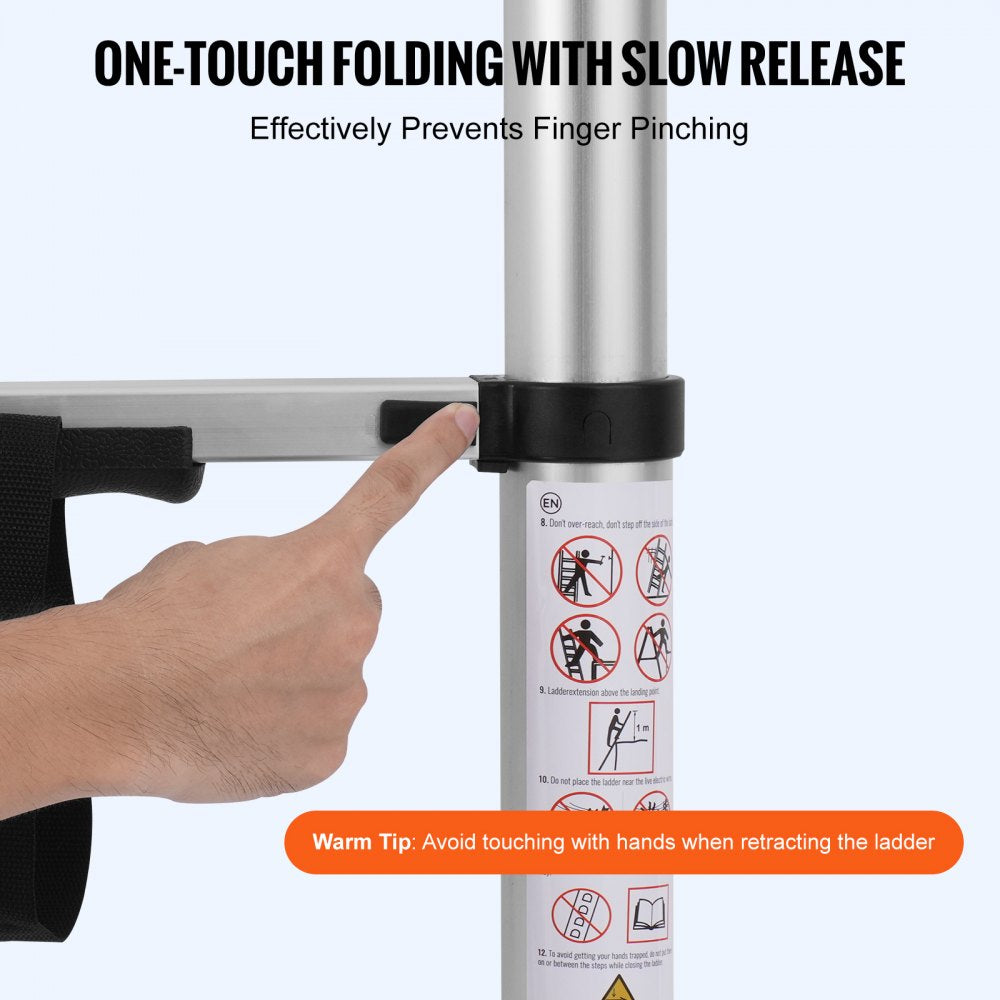 Hand pressing folding lock on aluminum telescoping A-frame ladder with safety warnings visible.