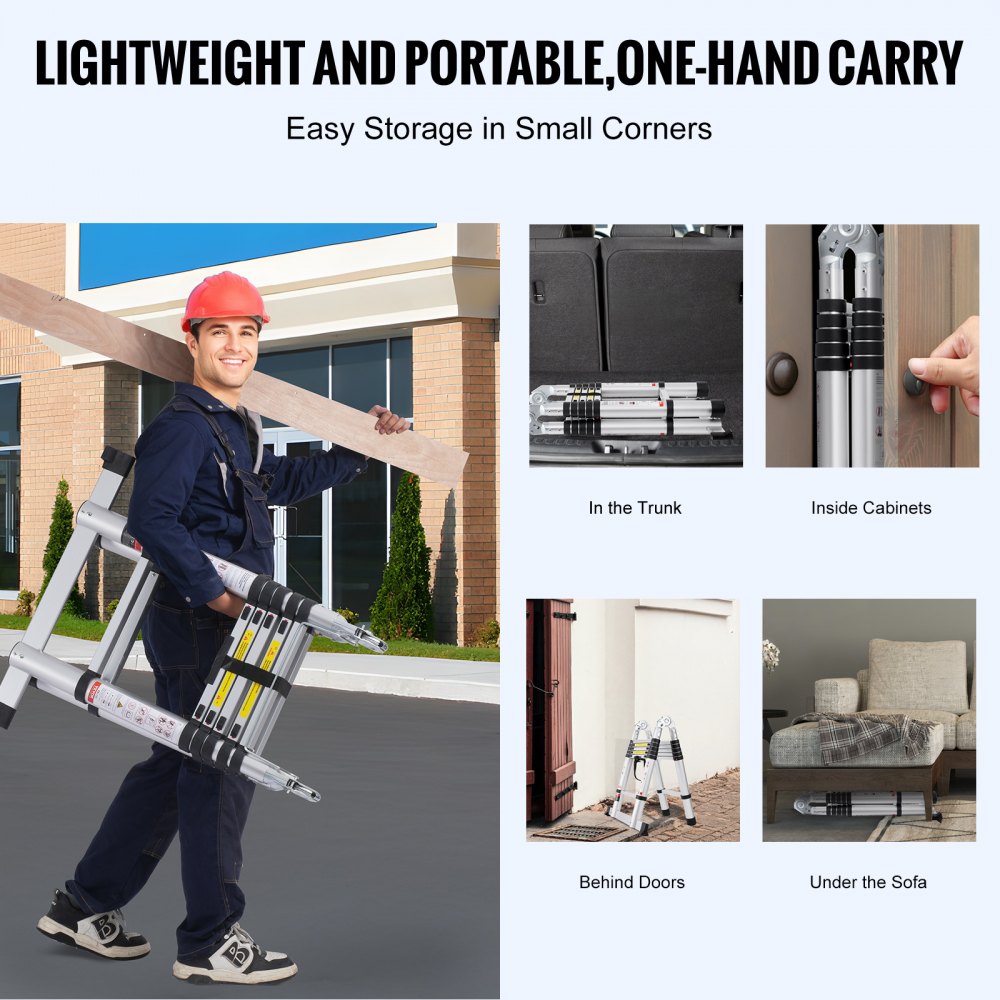 Collapsible 12.5FT aluminum A-frame ladder shown in use, storage in trunk, cabinet, and behind door.