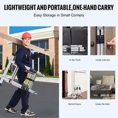 Collapsible 12.5FT aluminum A-frame ladder shown in use, storage in trunk, cabinet, and behind door.