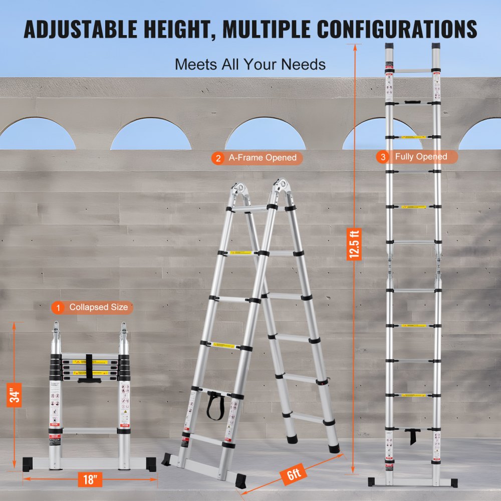 Diagram of 12.5FT aluminum telescoping A-frame ladder showing collapsed, A-frame open, and fully extended configurations with height measurements.