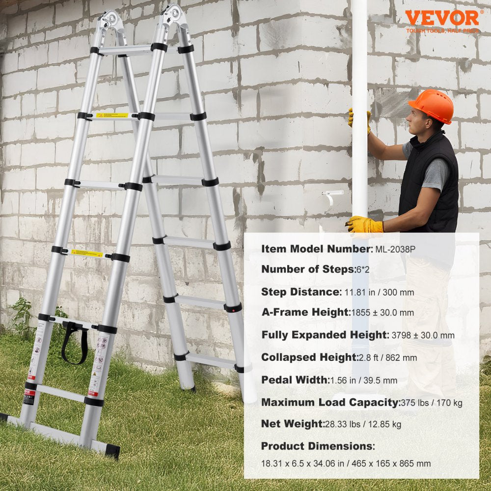 Aluminum telescoping A-frame ladder with stabilizer bar standing on grass near brick wall.