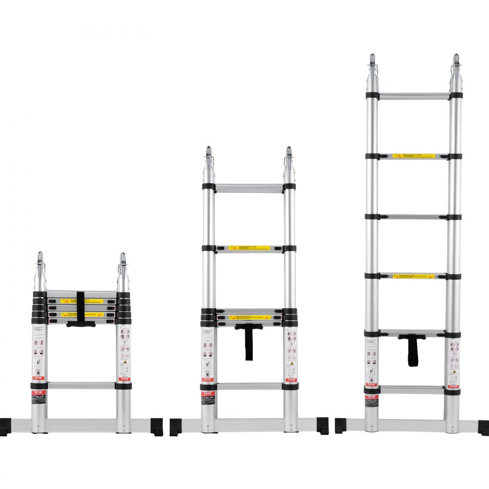 Three views of a 12.5FT aluminum telescoping A-frame ladder with stabilizer bar, shown collapsed, partially extended, and fully open.