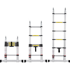 Three views of a 12.5FT aluminum telescoping A-frame ladder with stabilizer bar, shown collapsed, partially extended, and fully open.