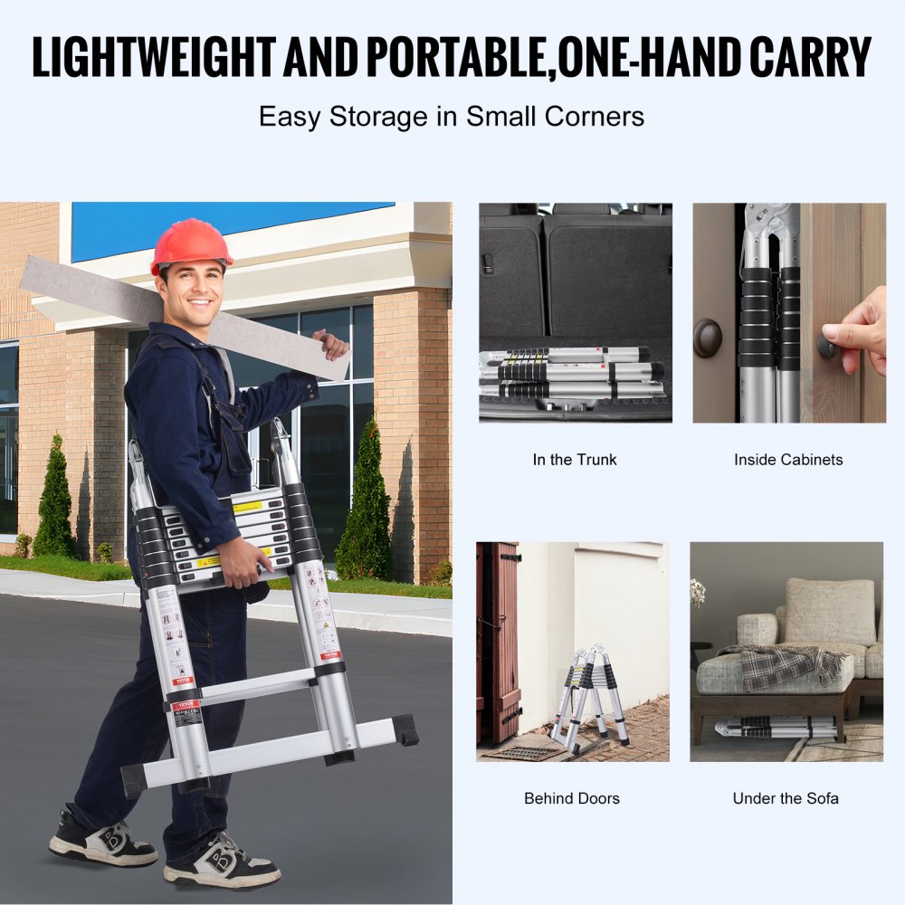 Bostome 16.5FT aluminum telescoping extension ladder in A-shape with widened rungs and stabilizer bar.