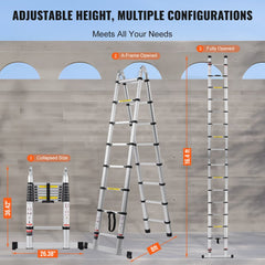 Aluminum telescoping extension ladder in A-shape, 16.5 feet tall with anti-slip rungs.