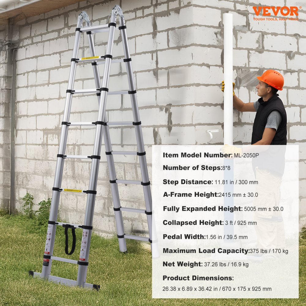 Bostome 16.5FT aluminum telescoping extension ladder in A-shape with widened rungs and stabilizer bar.